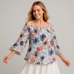 Seven Sisters XL Blue Red Floral Off Shoulder Bell Sleeve Boho Blouse Top
